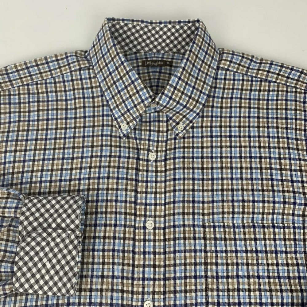 J. McLaughlin Blue and Brown Plaid Casual Button Down Shirt